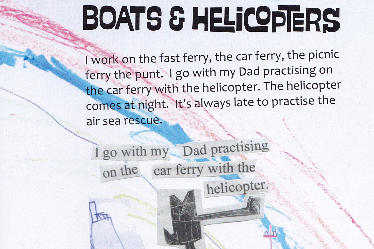 Page from Kids Own book with drawings of boats and helicopter