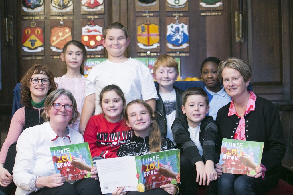 Image of Some of the young writers and artists with Jo Holmwood, Acting CEO Kids’ Own, writer Mary Branley and artist Maree Hensey. Photo copyright Leon Farrell, Photocall Ireland.