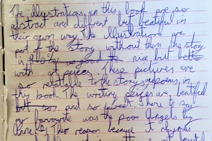 Handwritten book review of 'Changed', children's book by Kids Own Publishing