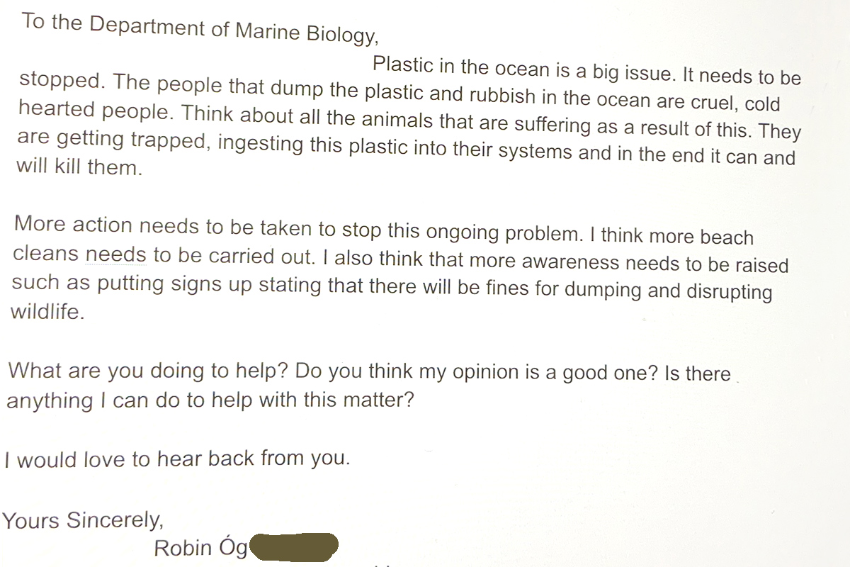 Letter to the Marine Biology Dept in Galway